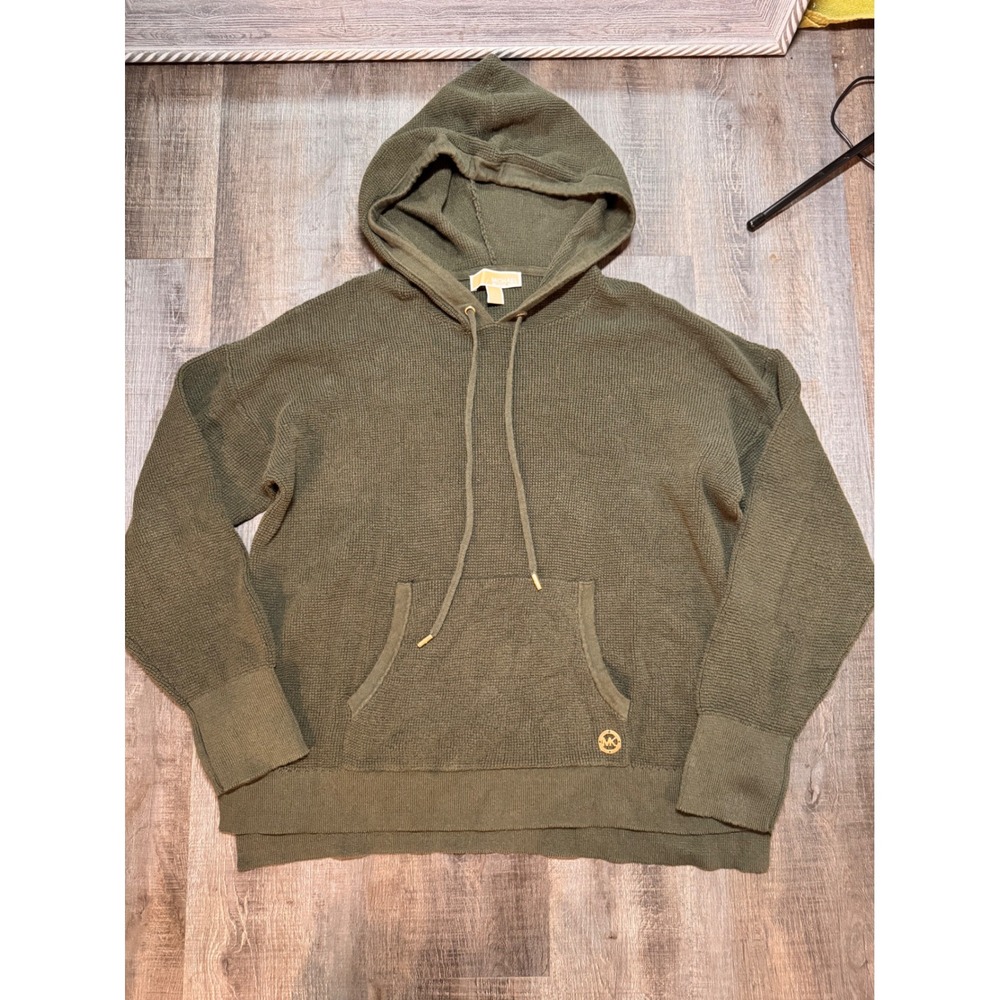 Michael Michael Kors Womens Olive Green Waffle Knit‎ Pullover Hoodie Sweater L